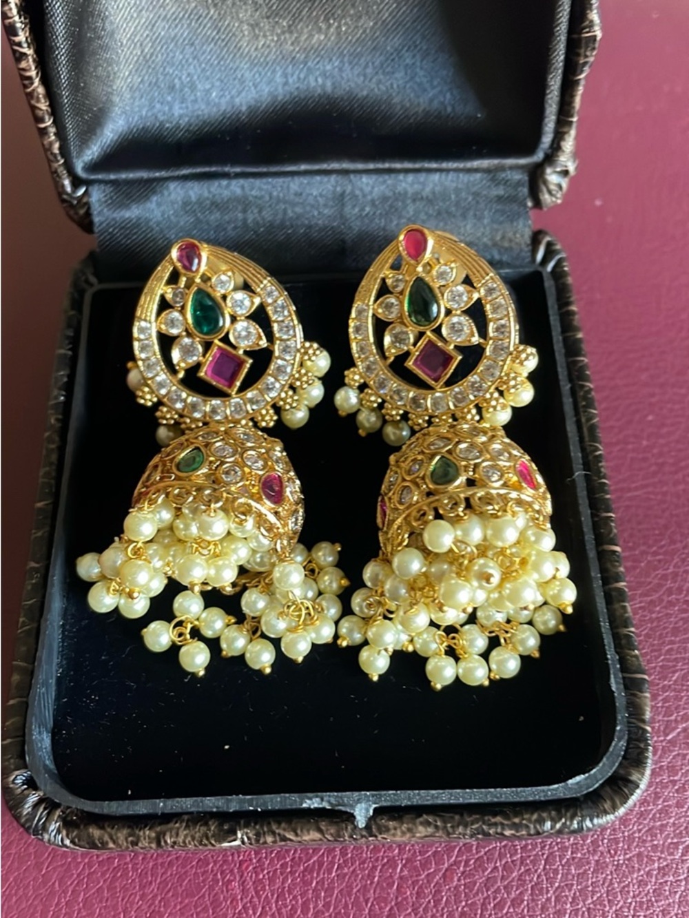 Gold-Tone Pearl Jhumka Earrings with Green and Pink Stones - Brand Unspecified
